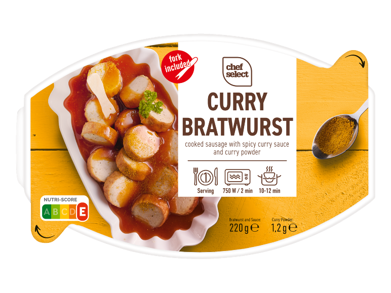 Currywurst s kari omako, vilica vključena in Nutri-Score E.