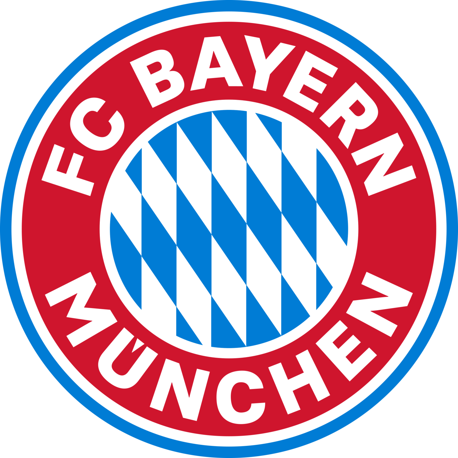 Rdeč in moder okrogel pečat s črkami „FC BAYERN MÜNCHEN“ in karirastim vzorcem.