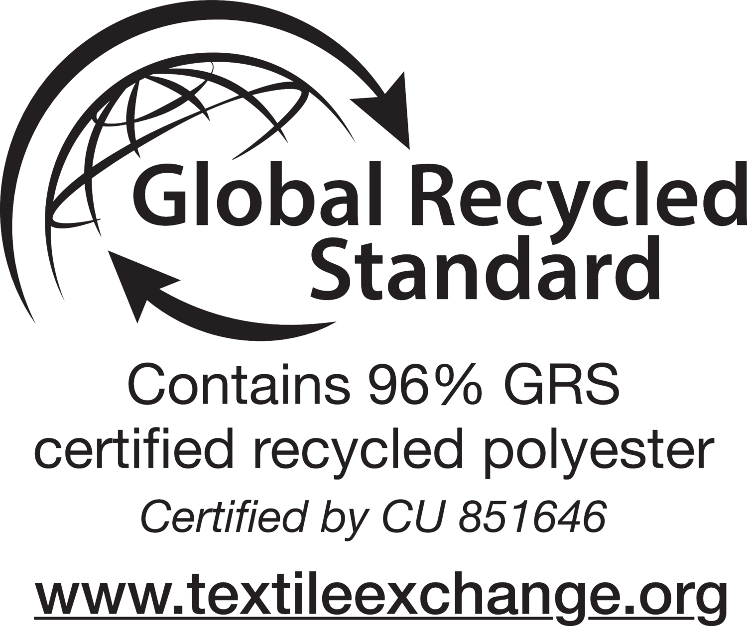 Pečat Global Recycled Standard: Vsebuje 96% GRS certificiranega recikliranega poliestra, certificirano s strani CU 851646.