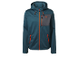 Moška modro-zelena softshell jakna z oranžnimi zadrgami in detajli.