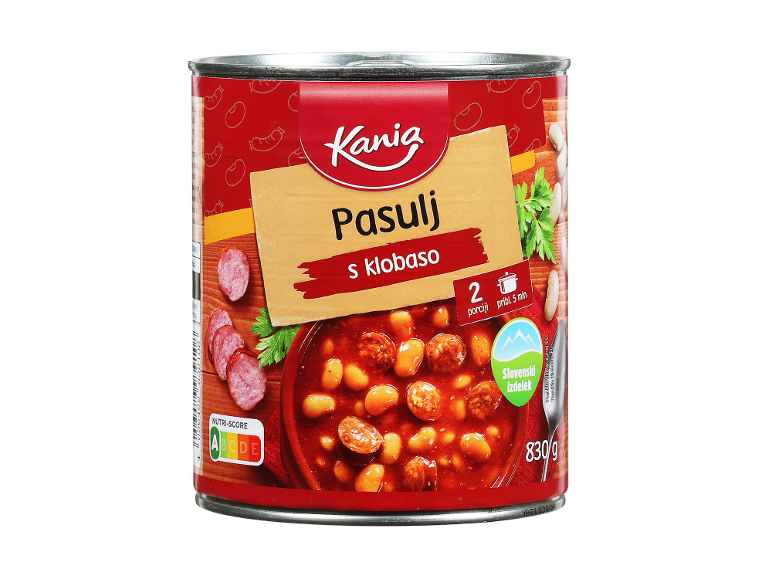 Konzerva fižola s klobaso, z Nutri-Score A in oznako slovenskega izdelka.