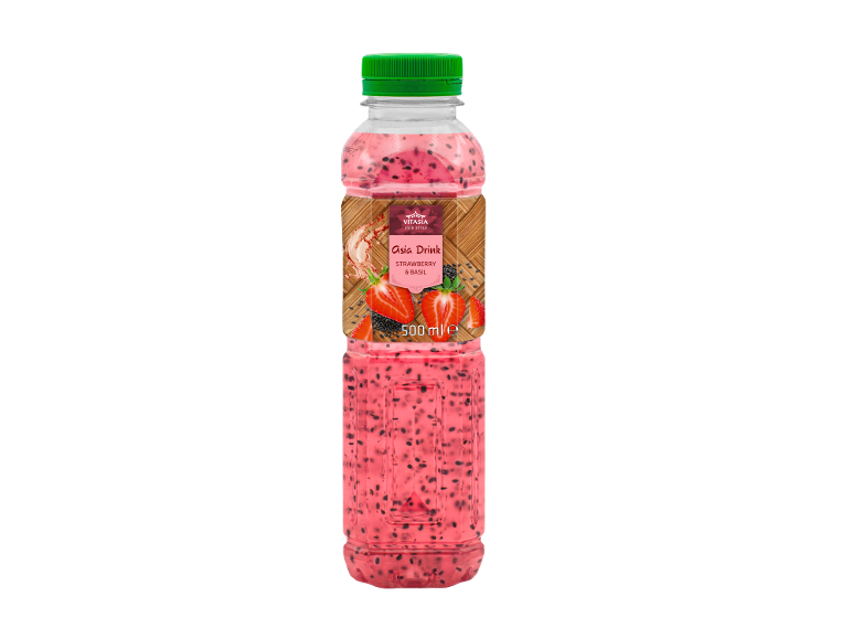 Azijska pijača z jagodo in baziliko s chia semeni v prozorni steklenici, 500 ml.