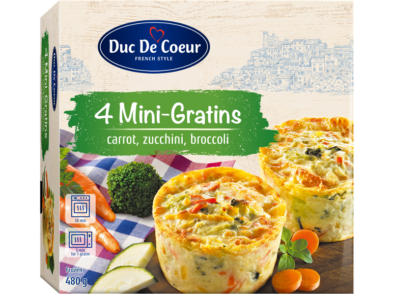 Pakiranje 4 mini gratinov z korenjem, bučkami in brokolijem, zamrznjeno, 480 g.