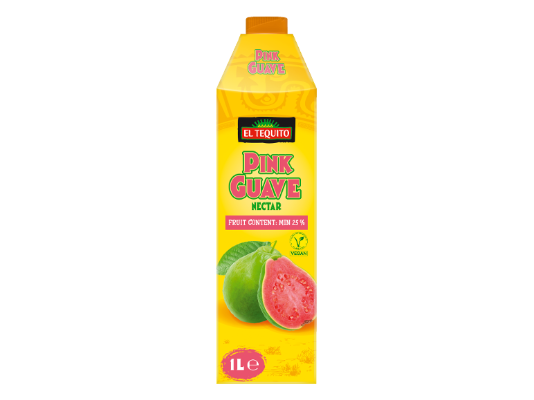 Nektar rožnate guave z najmanj 25 % sadnega deleža, 1 liter, z veganskim znakom.