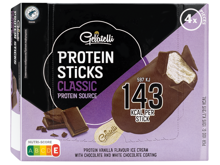 Proteinski sladoledni štapiči s čokoladnim prelivom, 4 kosi, 143 kcal na štapič.
