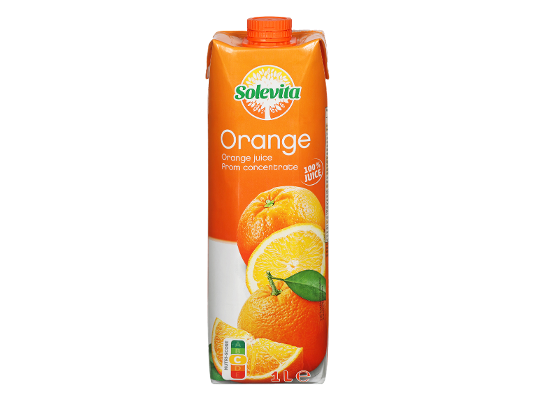 Pomarančni sok iz koncentrata, 100% sok, 1 liter, z oznako Nutri-Score C.