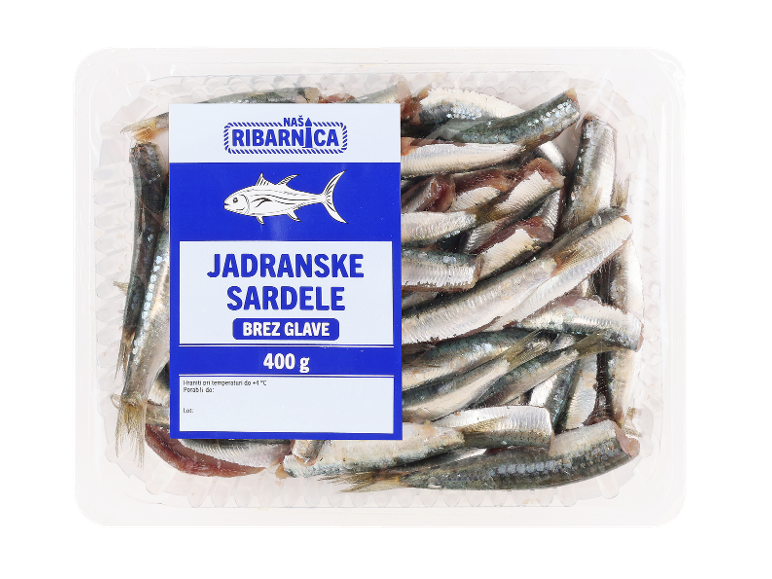 Jadranske sardele brez glave v pakiranju 400g.