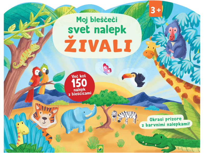 Knjiga nalepk z živalmi z več kot 150 bleščečimi nalepkami, za otroke od 3 let naprej.