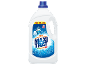 Beli pralni detergent v veliki steklenici z risanim rakunom in temperaturami pranja.