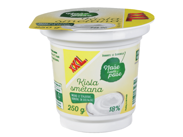250g lonček kisle smetane z 18% maščobe, mleko iz Štajerske, Koroške in Dolenjske.