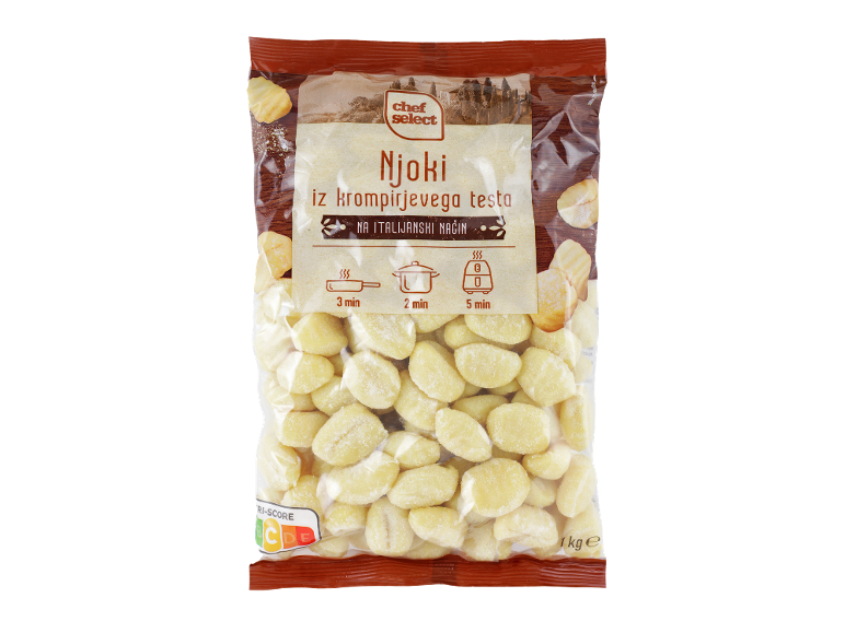 Paket italijanskih krompirjevih njokov, z navodili za kuhanje in Nutri-Score.