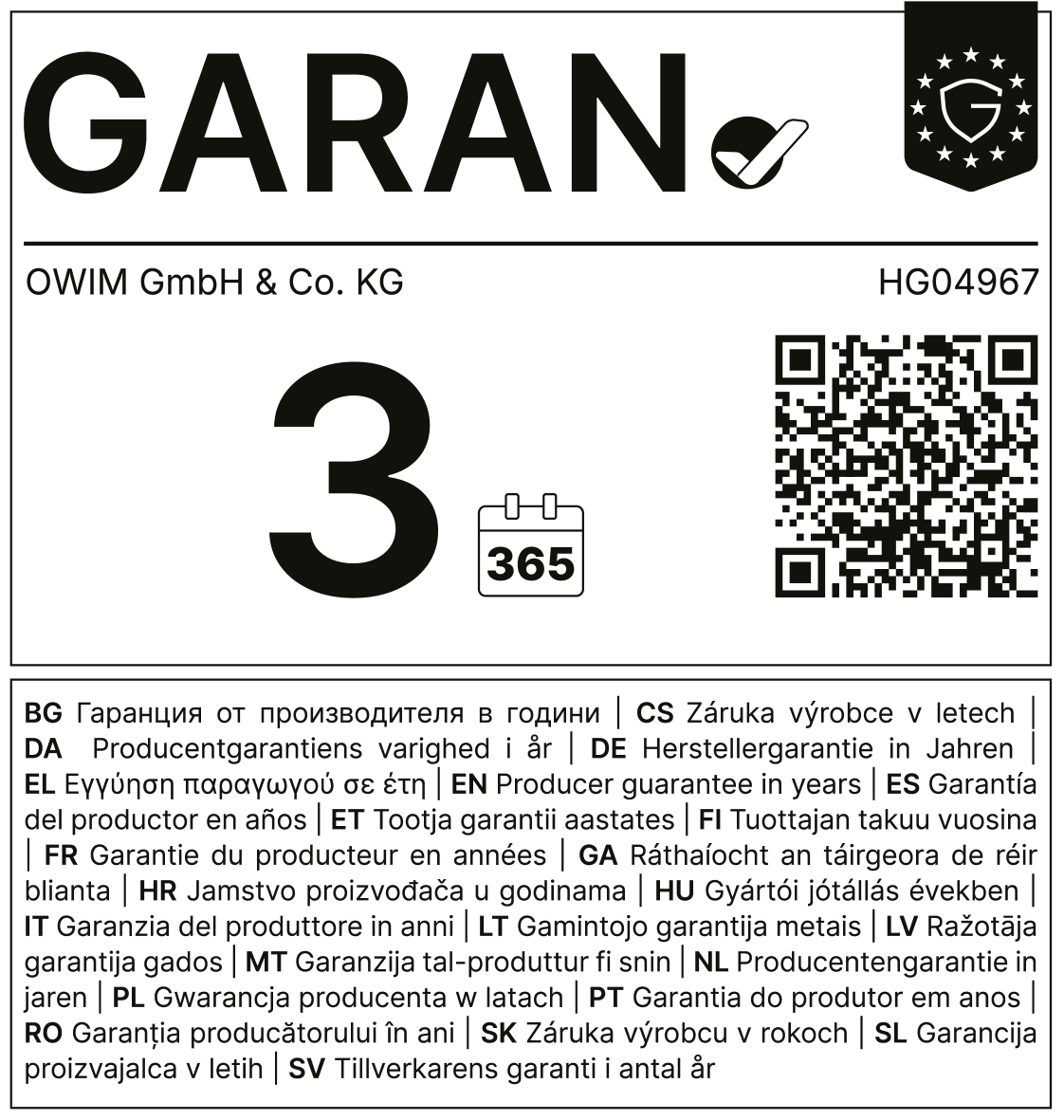 Garancija proizvajalca: 3 leta (365 dni).