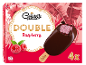 Škatla malinovih sladoledov v čokoladi, z napisom DOUBLE Raspberry in 4x.