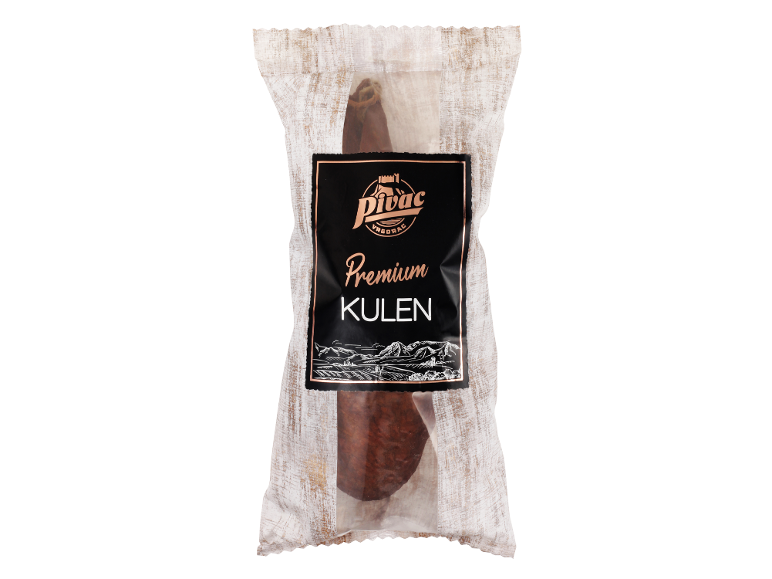 Pakiranje premium kulena s črno etiketo in zlatimi detajli.