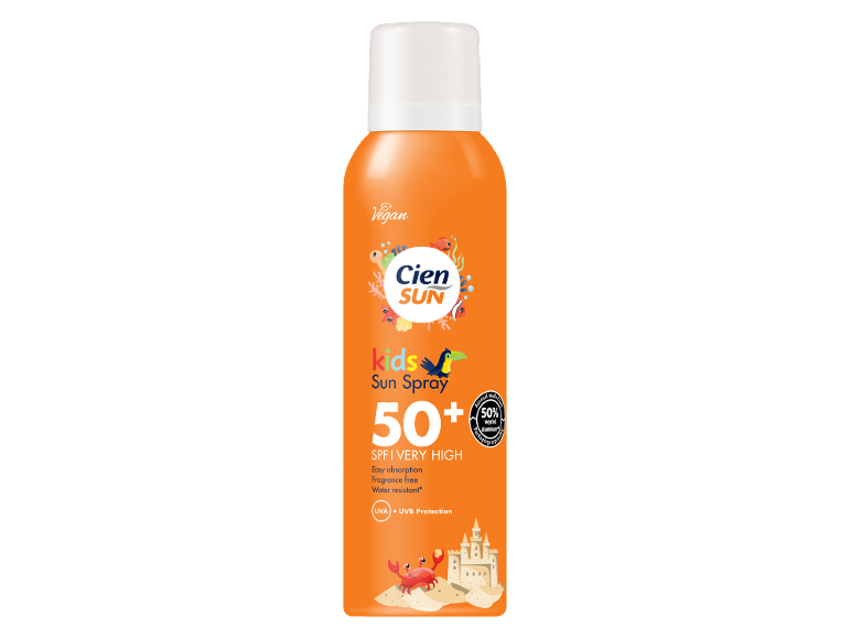 Otroško pršilo za sončenje z ZF 50+, vodoodporno in z UVA+UVB zaščito.