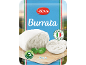 Embalaža sira burrata s celo in narezano burrato, baziliko in pečatom 'Original Italian'.