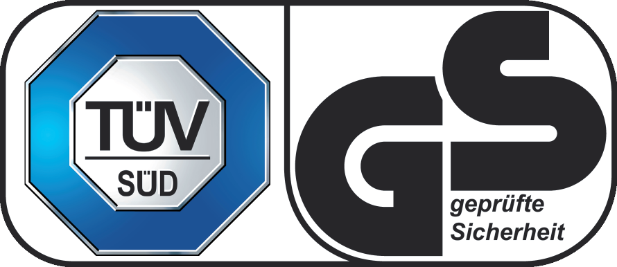 Varnostni pečat TÜV SÜD in GS (Geprüfte Sicherheit).