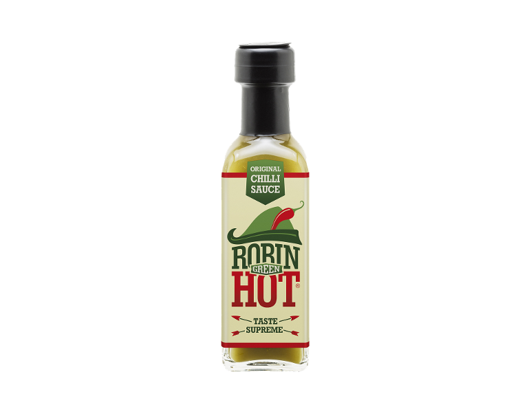 Steklenica zelene čili omake z napisoma „Original Chilli Sauce“ in „Taste Supreme“.