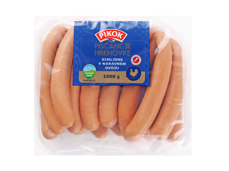 Piščančje hrenovke dimljene v naravnem ovoju, brez glutena, 1000g.