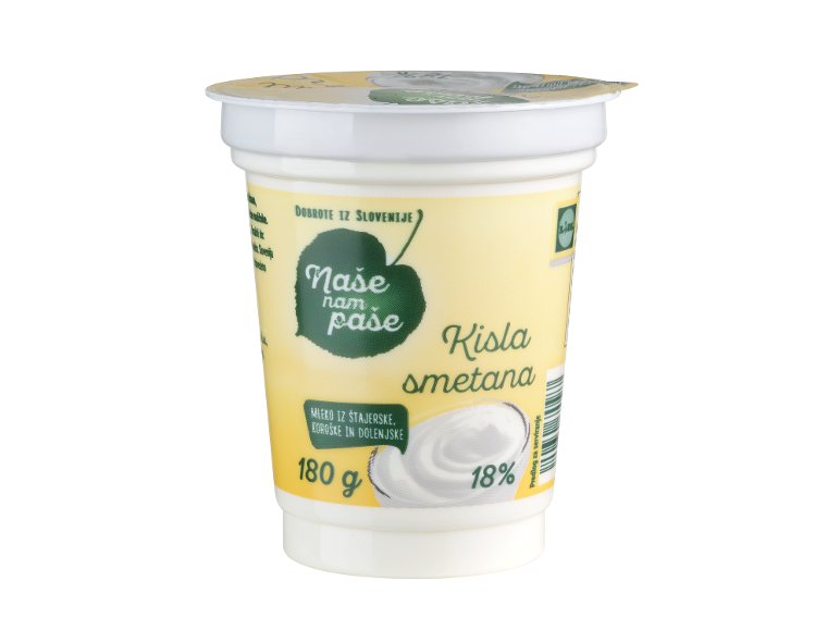 Pakiranje kisle smetane z 18% maščobe, 180g, s slovenskim besedilom.
