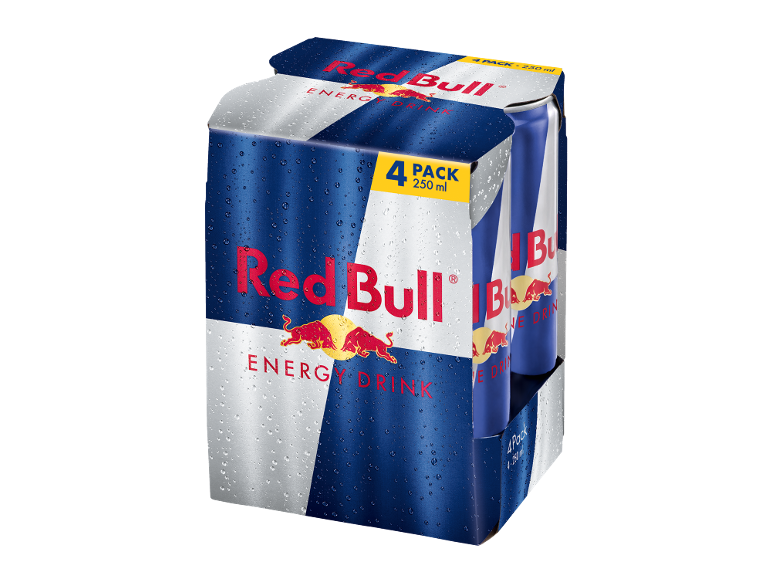 Paket 4 energijskih pijač po 250 ml z vodnimi kapljicami.