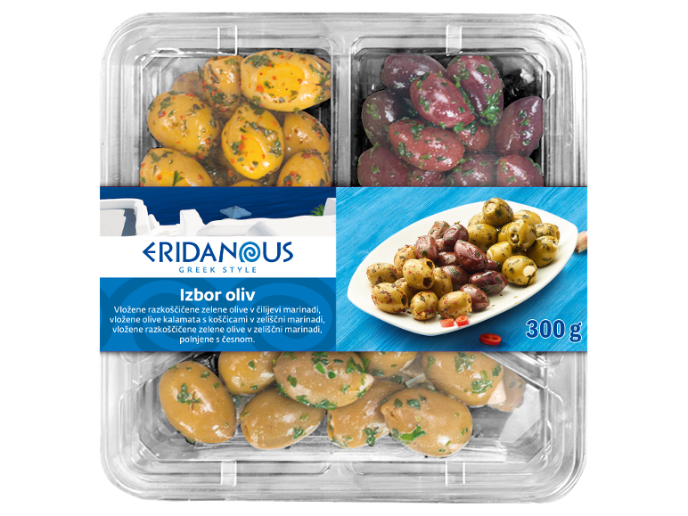 Marinirane zelene in kalamata olive v plastični embalaži, s krožnikom oliv in 300 g.