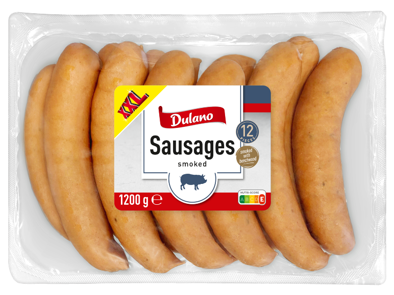 Paket 12 prekajenih klobas, 1200g, z oznako XXL in Nutri-score E.