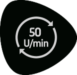 Črna značka s krogom puščic in sivim besedilom „50 U/min“.