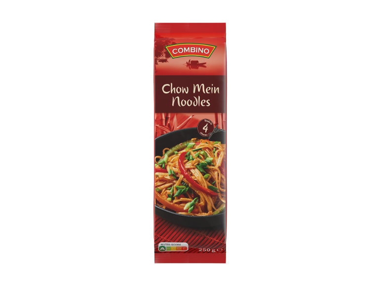 Paket rezancev Chow Mein s pripravljeno jedjo in oznako Nutri-Score.