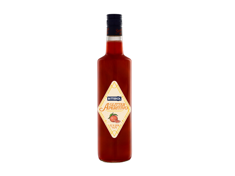 Steklenica rdečega penečega aperitiva z diamantno etiketo, ki prikazuje grenivko.