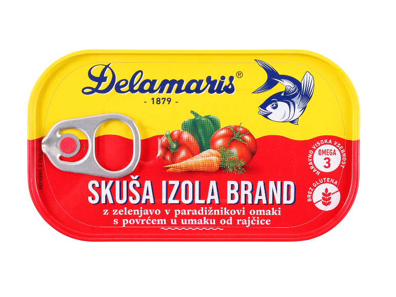 Konzerva skuše z zelenjavo v paradižnikovi omaki, visoka vsebnost omega 3, brez glutena.