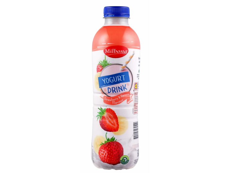 Jogurtov napitek z okusom jagode in banane v plastenki z modrim zamaškom.