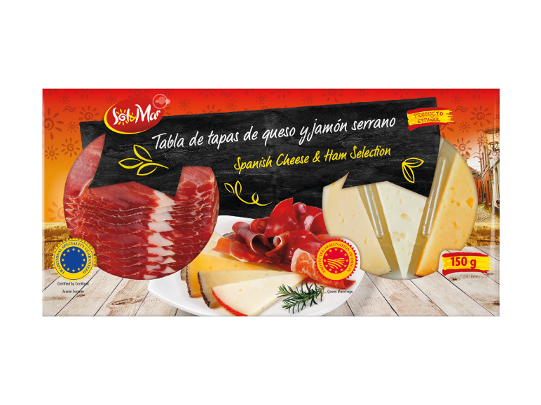 Pladenj s sirom in serrano pršutom, 150g, z oznakami kakovosti.
