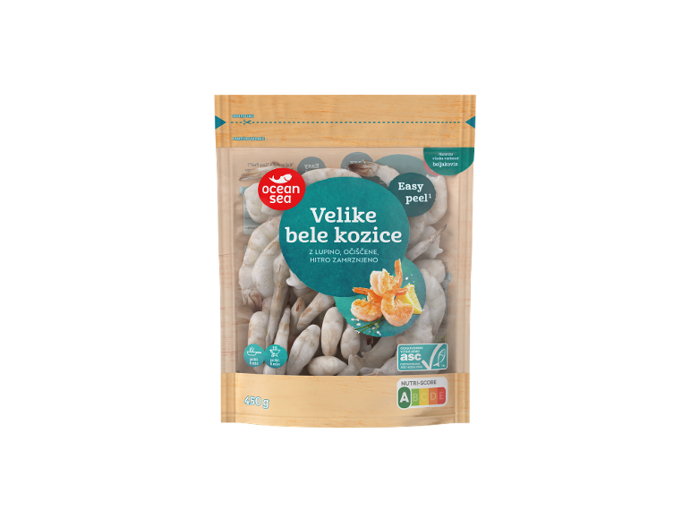 Velike bele kozice z lupino, očiščene, hitro zamrznjene, z oznako Nutri-Score A.