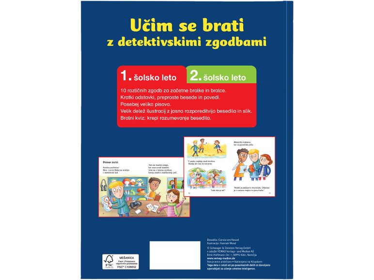 Otroška knjiga z naslovom »Učim se brati z detektivskimi zgodbami«, z ilustracijami in slovenskim besedilom.