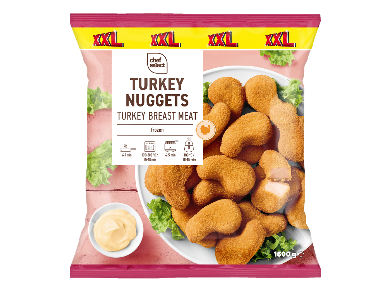 Paket zamrznjenih puranjih nuggetsov iz prsnega mesa, z navodili za kuhanje in 1500g.