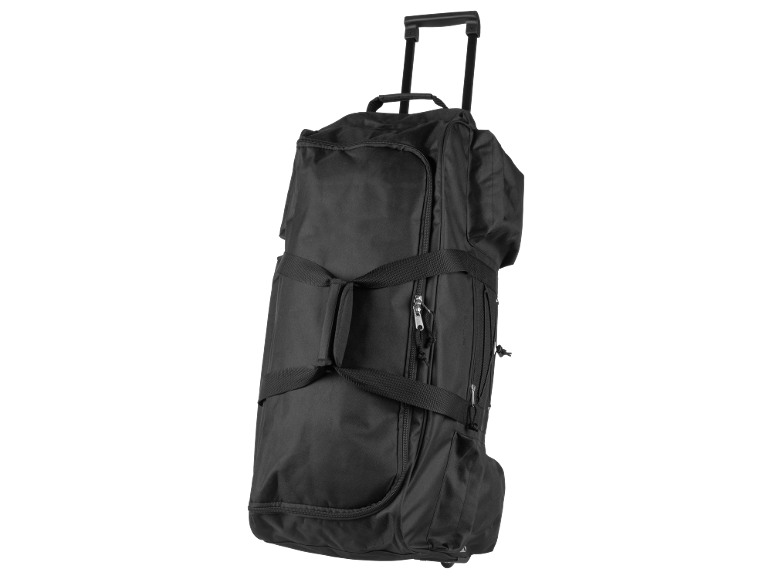 Črna potovalna torba na kolesih z izvlečnim ročajem in več žepi.
