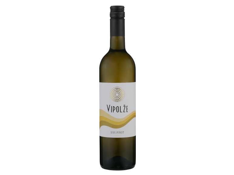 Steklenica belega vina z belo in zlato etiketo, na kateri piše „VIPOLŽE SIVI PINOT“.