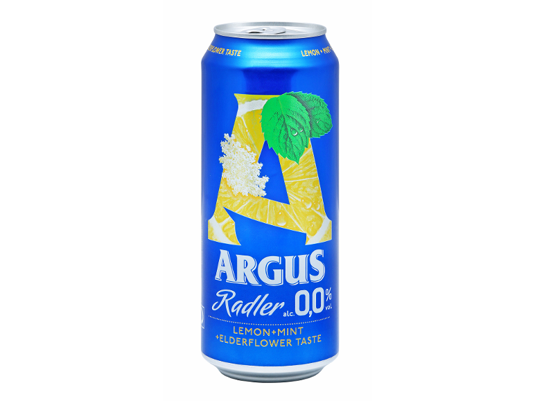 Modra pločevinka radlerja z okusom limone, mete in bezga, 0,0% alkohola.