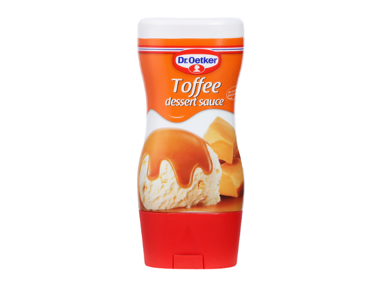 Toffee sladka omaka v steklenici s sliko sladoleda in toffeeja.