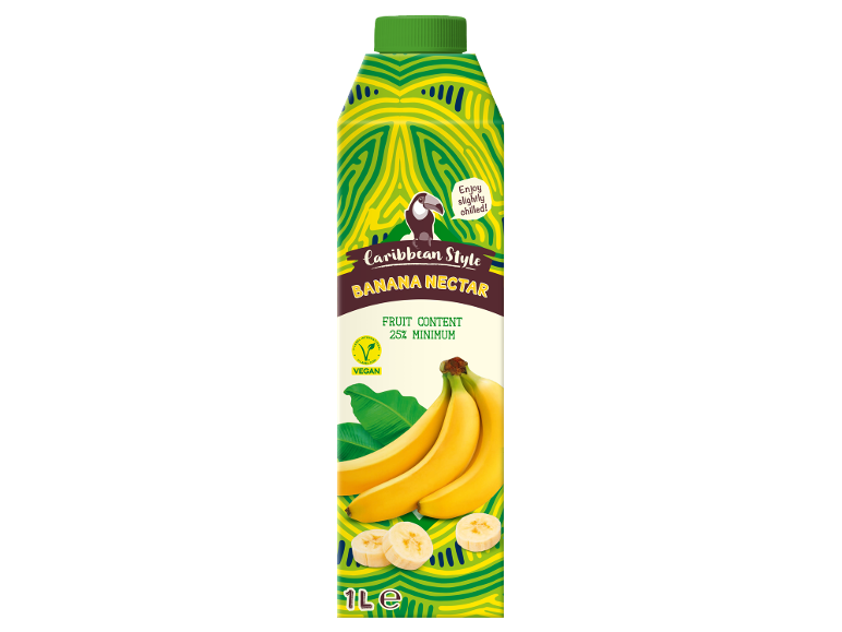 Karton karibskega bananinega nektarja, 1L, s tukanom in bananami, 25% sadnega deleža.