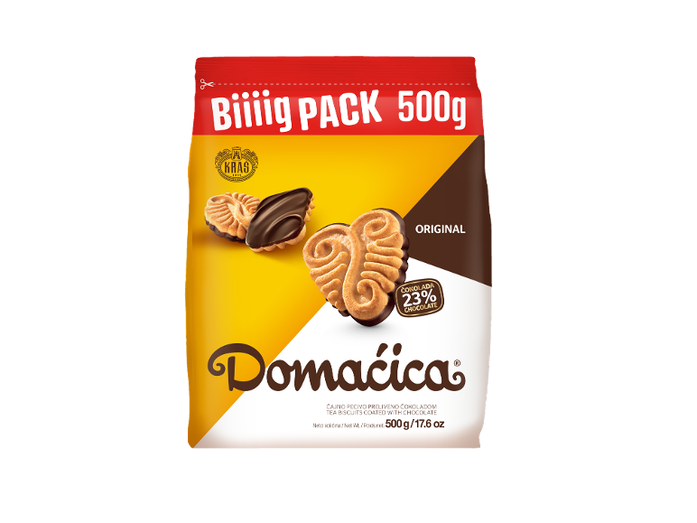 Paket 500g čajnih piškotov s čokoladnim prelivom, z 23% čokolade.