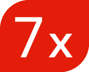 Rdeč pečat z belim besedilom „7x“.