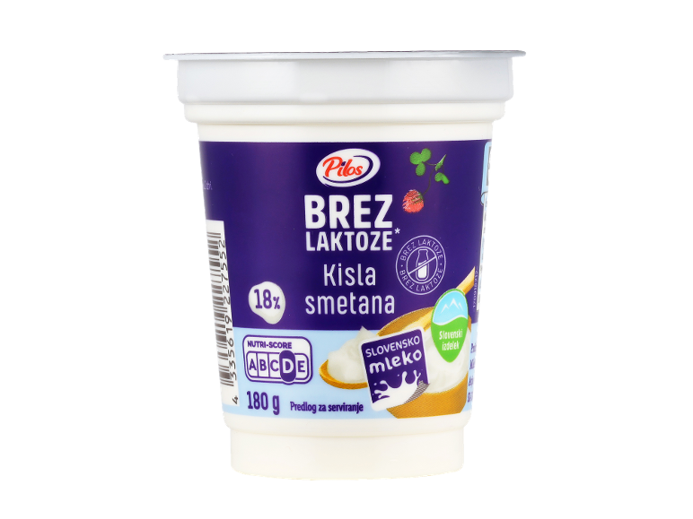 Lonček kisle smetane brez laktoze z 18% maščobe, 180g, z Nutri-Score C.