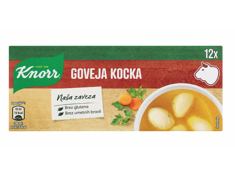 Goveja kocka z juho, korenjem in peteršiljem, brez glutena in umetnih barvil.