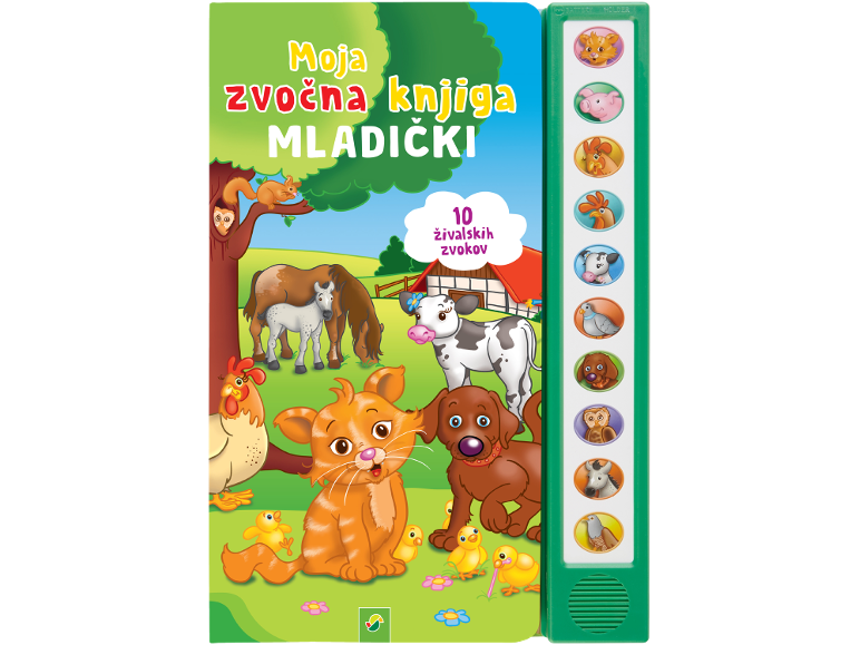 Otroška zvočna knjiga s kmečkimi in gozdnimi živalmi, z 10 živalskimi zvoki.