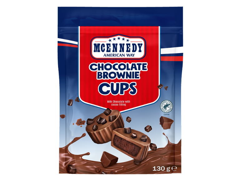 Vrečka mlečne čokolade z nadevom kakava, z napisom 'CHOCOLATE BROWNIE CUPS'.