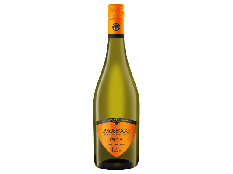 Steklenica vina Prosecco z oranžno in črno etiketo, z besedilom kot 'PROSECCO TREVISO'.