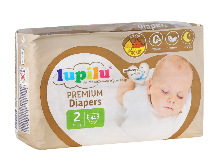 Lupilu Premium plenice velikosti 2 (4-8 kg) s 44 kosi, s spečim dojenčkom.
