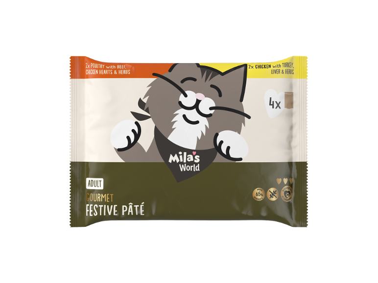 Multipack mačje hrane s praznično pašteto, perutnino z govedino in piščancem s puranom.